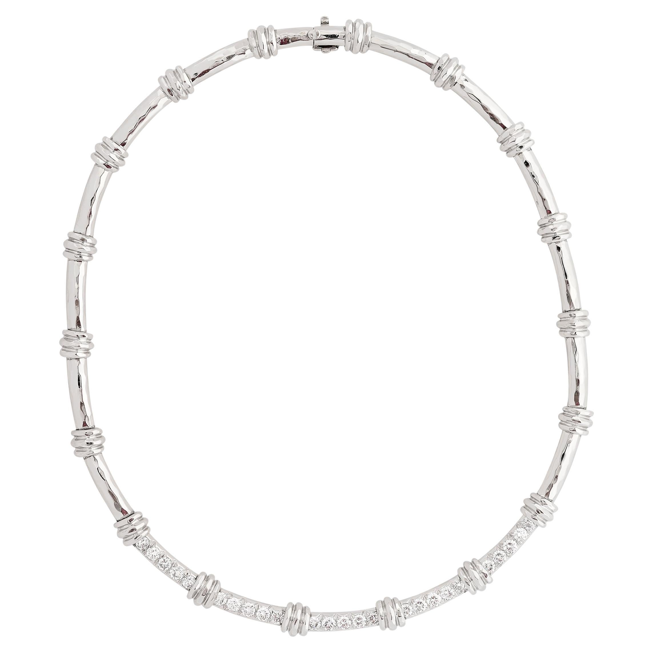 Henry Dunay Platinum Diamond Hammered Texture Necklace For Sale