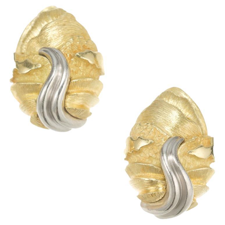Henry Dunay Platinum Yellow Gold Swirl Earrings For Sale