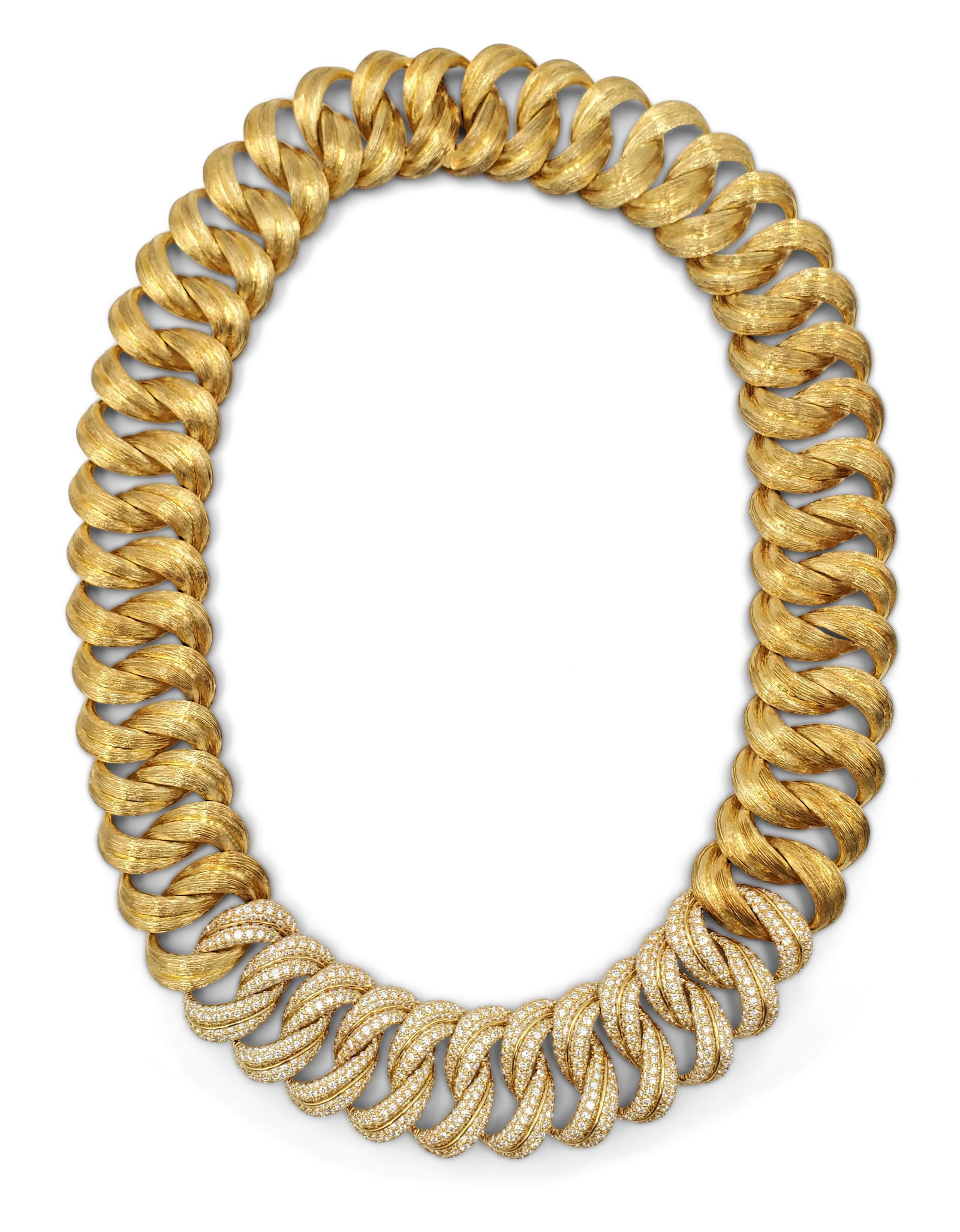 Stylish Henry Dunay 'Sabi' brushed gold finish link necklace features approximately 20 carats of high quality pave set round brilliant cut diamonds (E-F color, VS clarity). Signed Dunay with maker's mark for Henry Dunay, 750, A5629. Measures 19 1/2