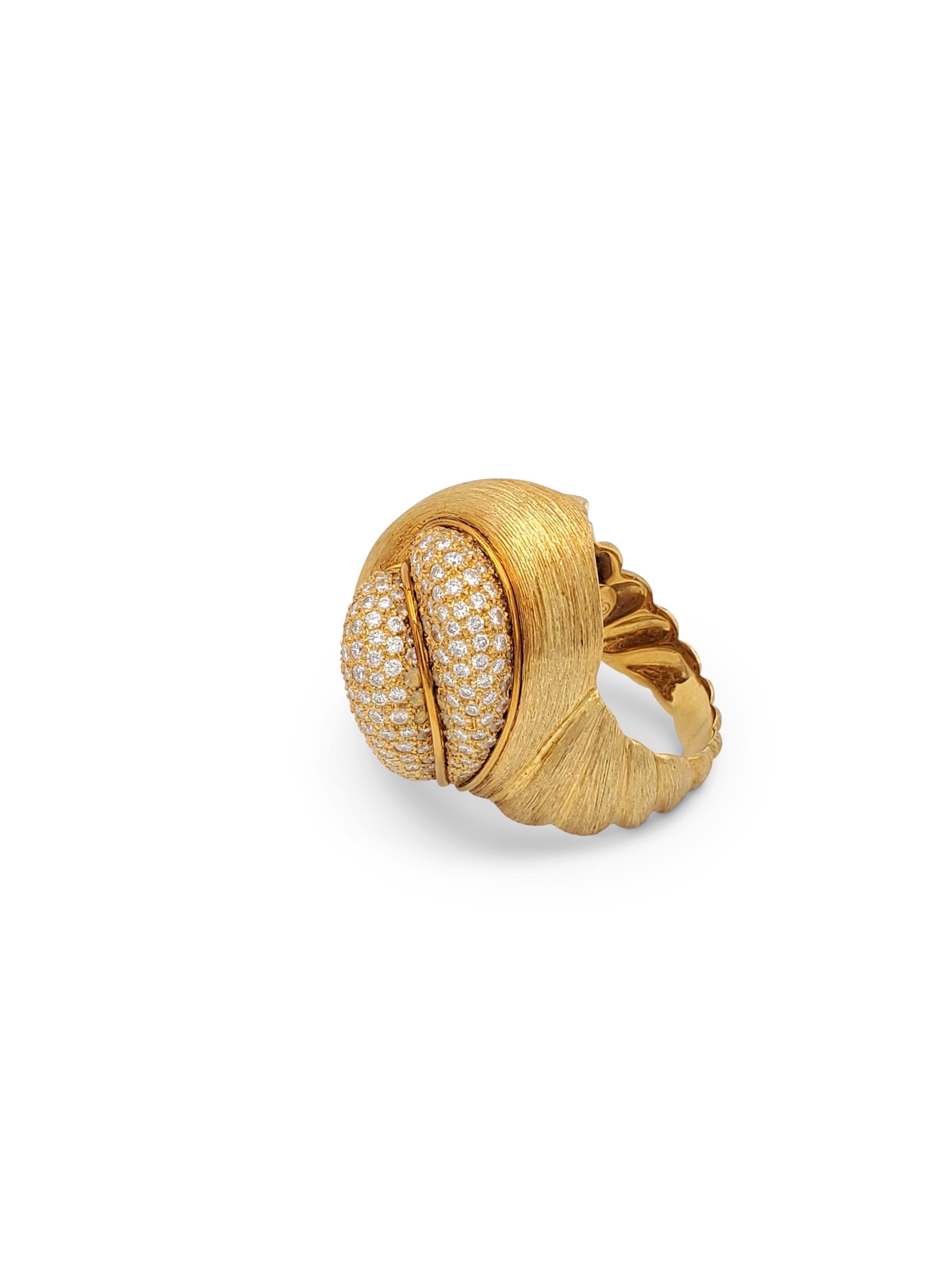 Authentic Henry Dunay 'Sabi' brushed gold finish ring features approximately 1.80 carats of high quality pave set round brilliant cut diamonds (E-F color, VS clarity). Signed Dunay with maker's mark for Henry Dunay, 750, with serial. The ring is not