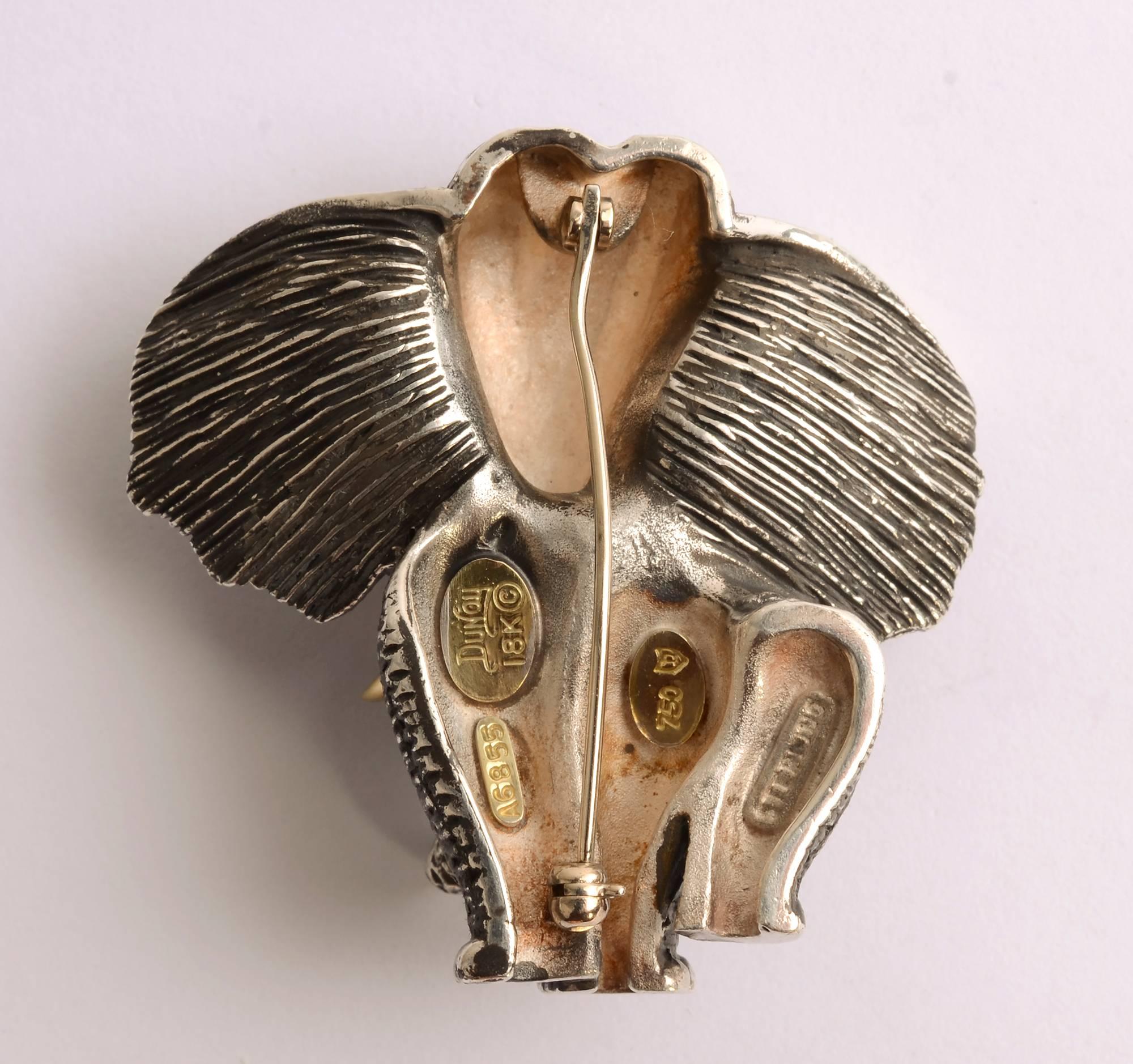 Modern Henry Dunay Silver Elephant Brooch with Gold Tusks