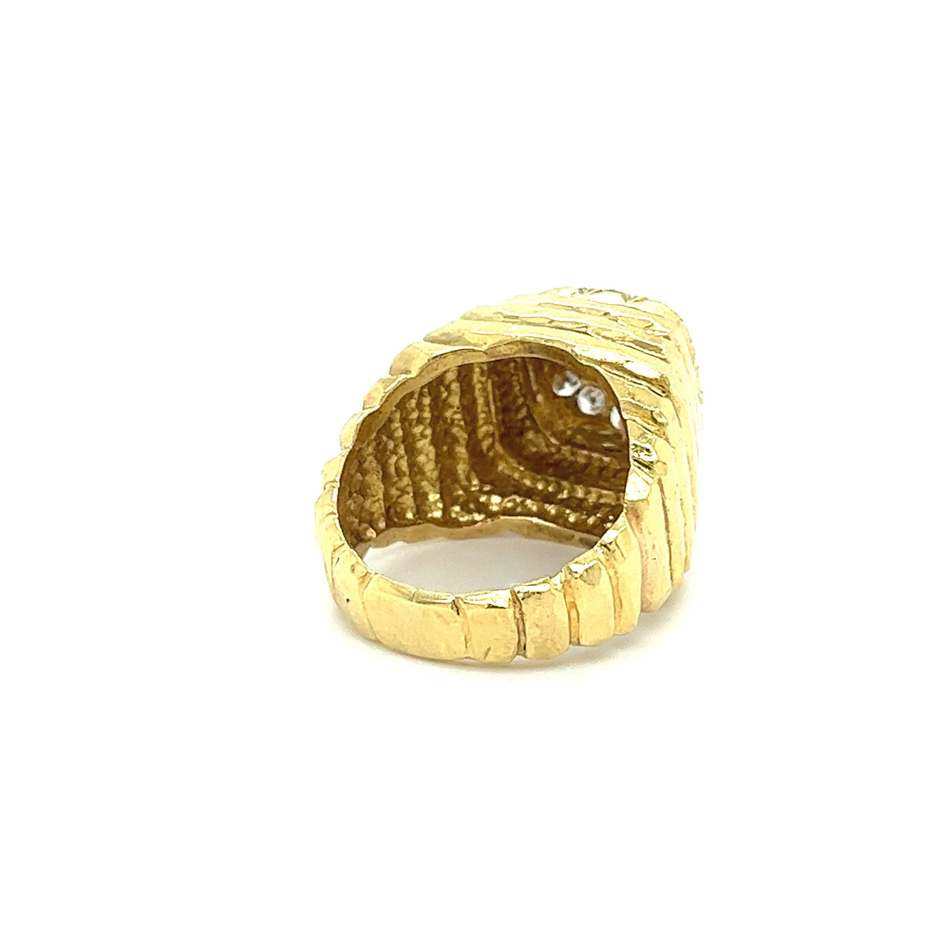 Art Deco Henry Dunay Singed Diamond Cluster Ring in 18k Ribbed Textured Yellow Gold For Sale