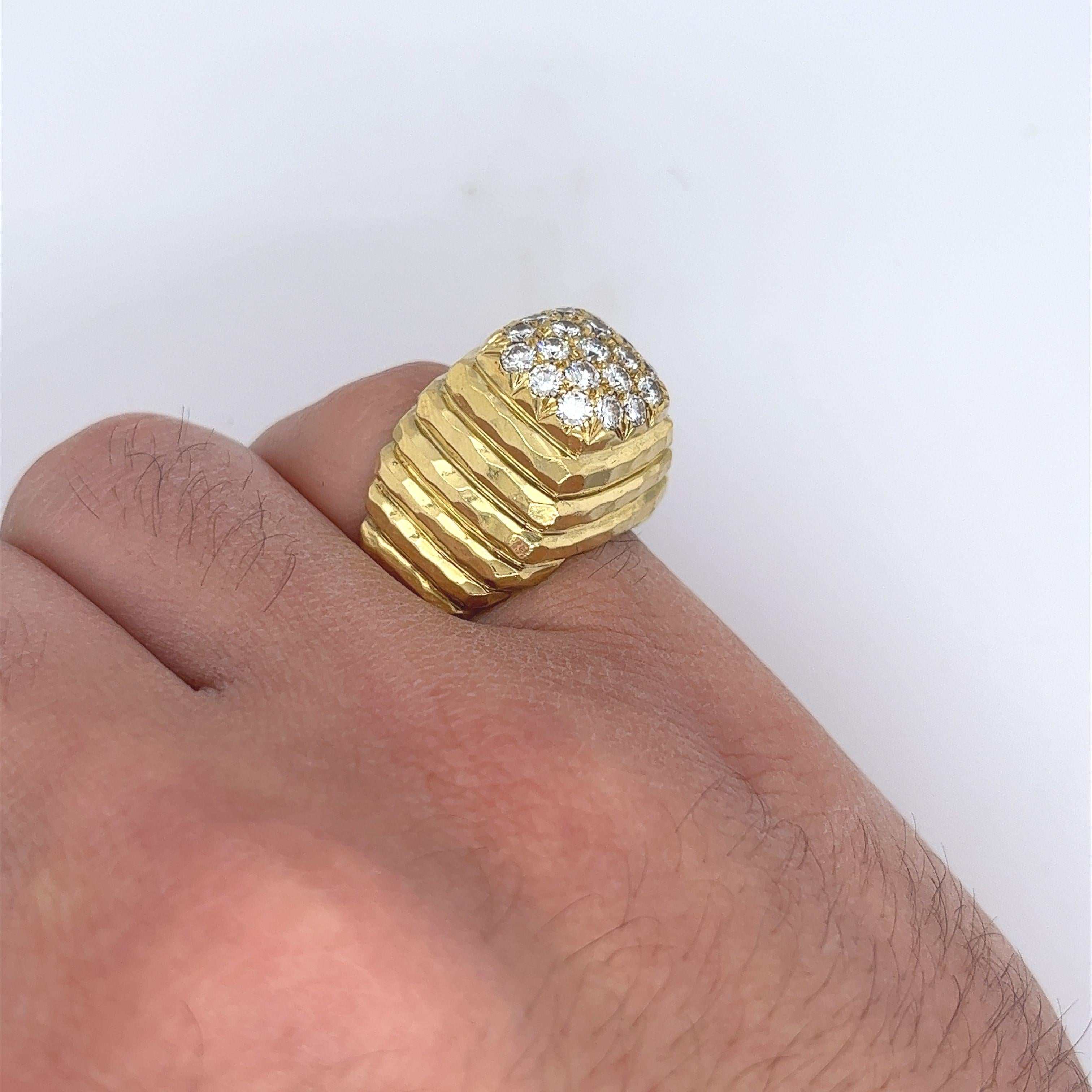 Women's or Men's Henry Dunay Singed Diamond Cluster Ring in 18k Ribbed Textured Yellow Gold For Sale