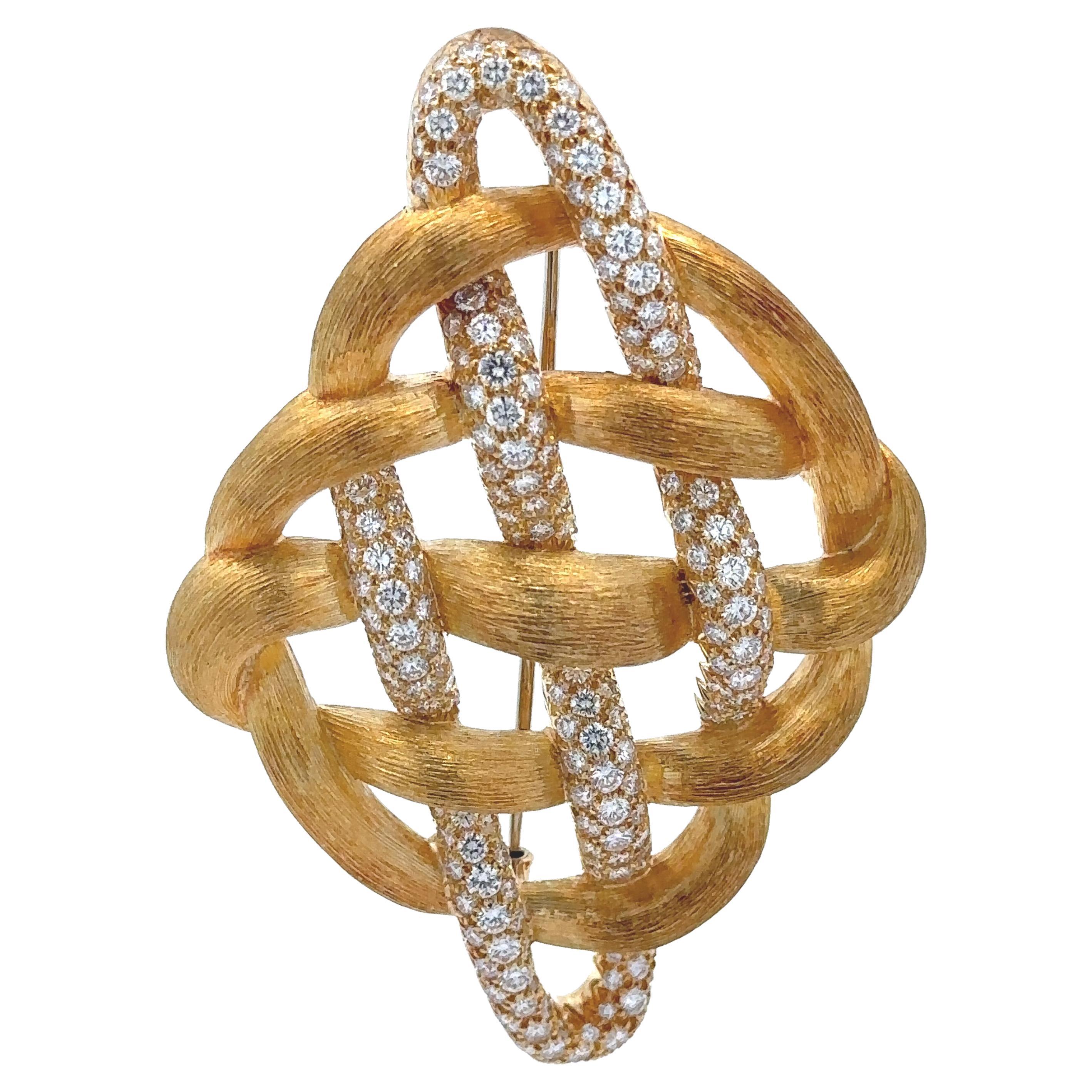 Henry Dunay Solid 18k Gold 5ctw Diamond Weave Brushed Finish Sabi Pin Brooch