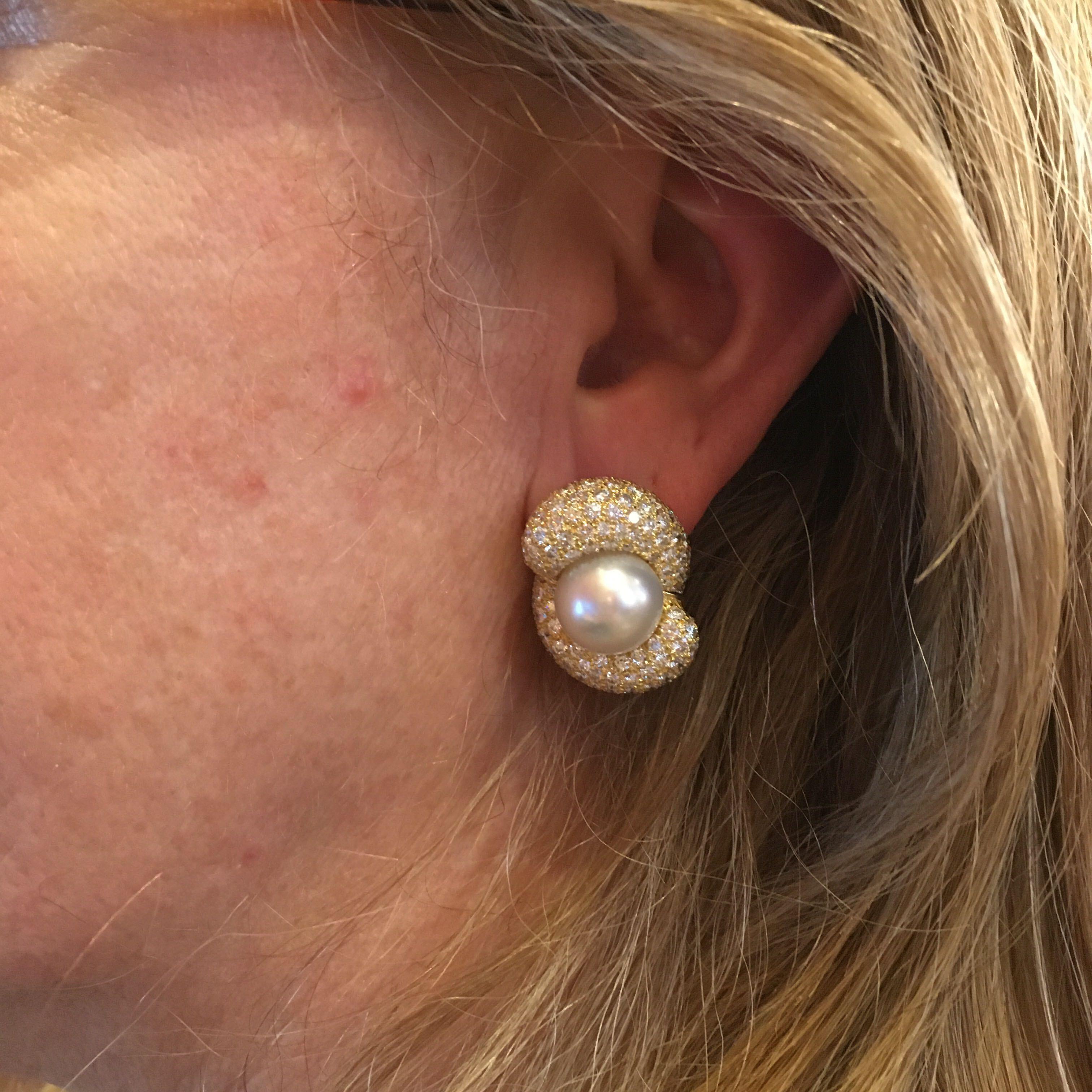 Round Cut Henry Dunay South Sea Pearl and Diamond Earrings