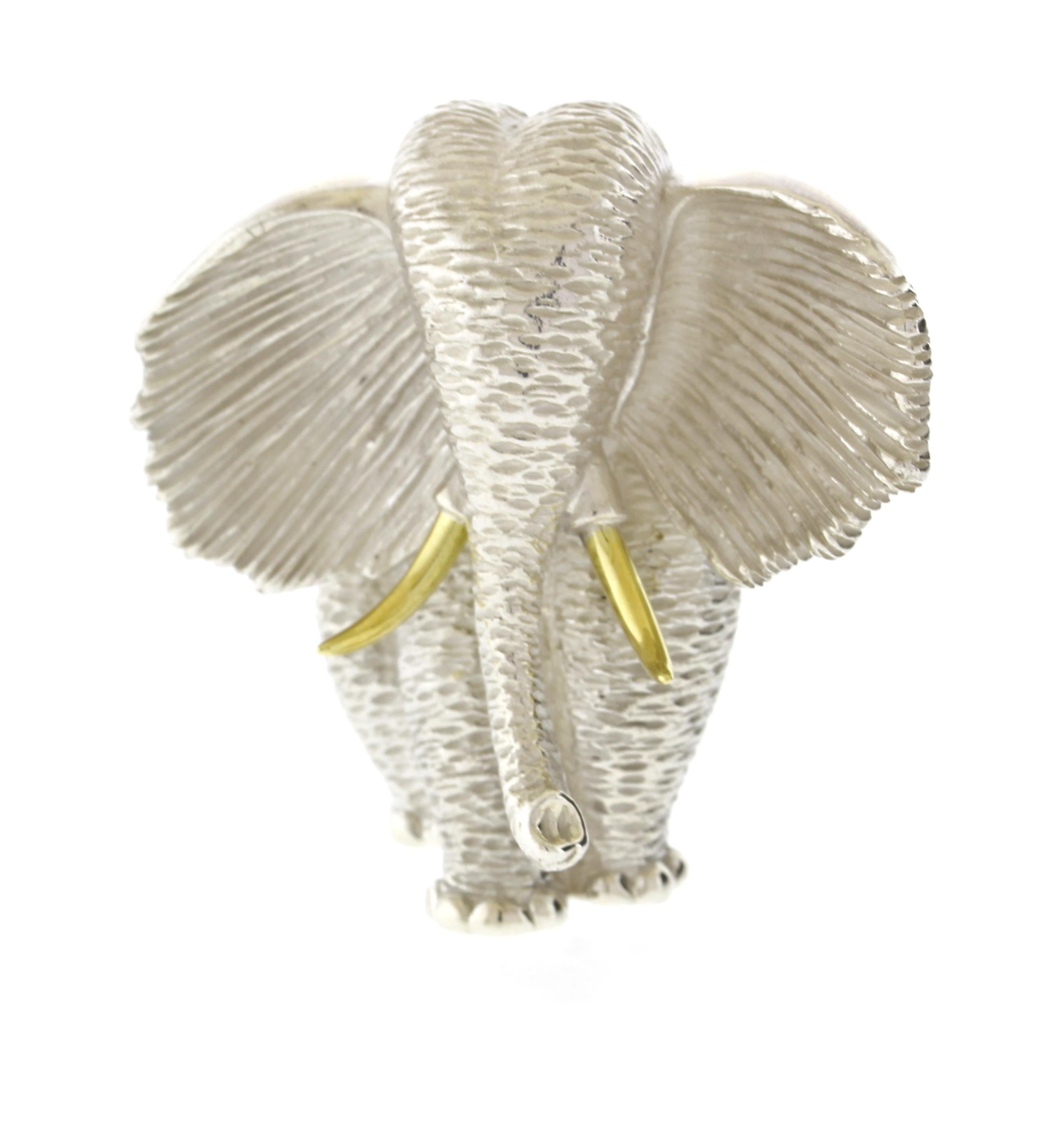 Women's or Men's Henry Dunay Sterling Silver African Elephant Brooch with 18 Karat Gold Tusks For Sale