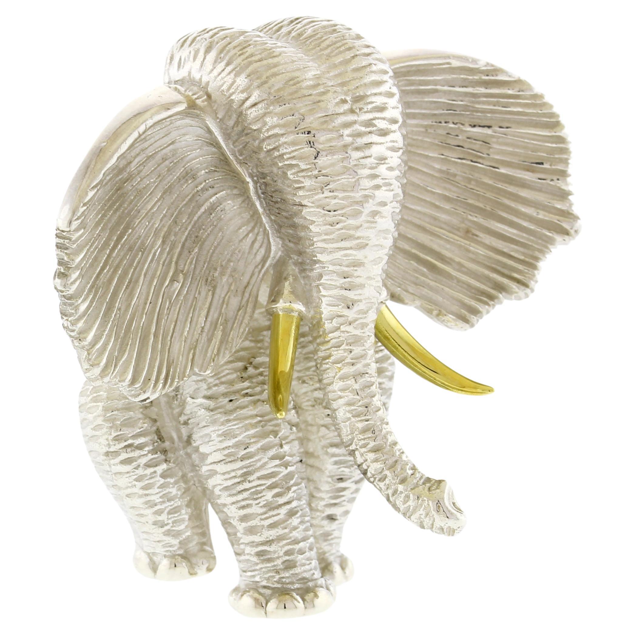 Henry Dunay Sterling Silver African Elephant Brooch with 18 Karat Gold Tusks