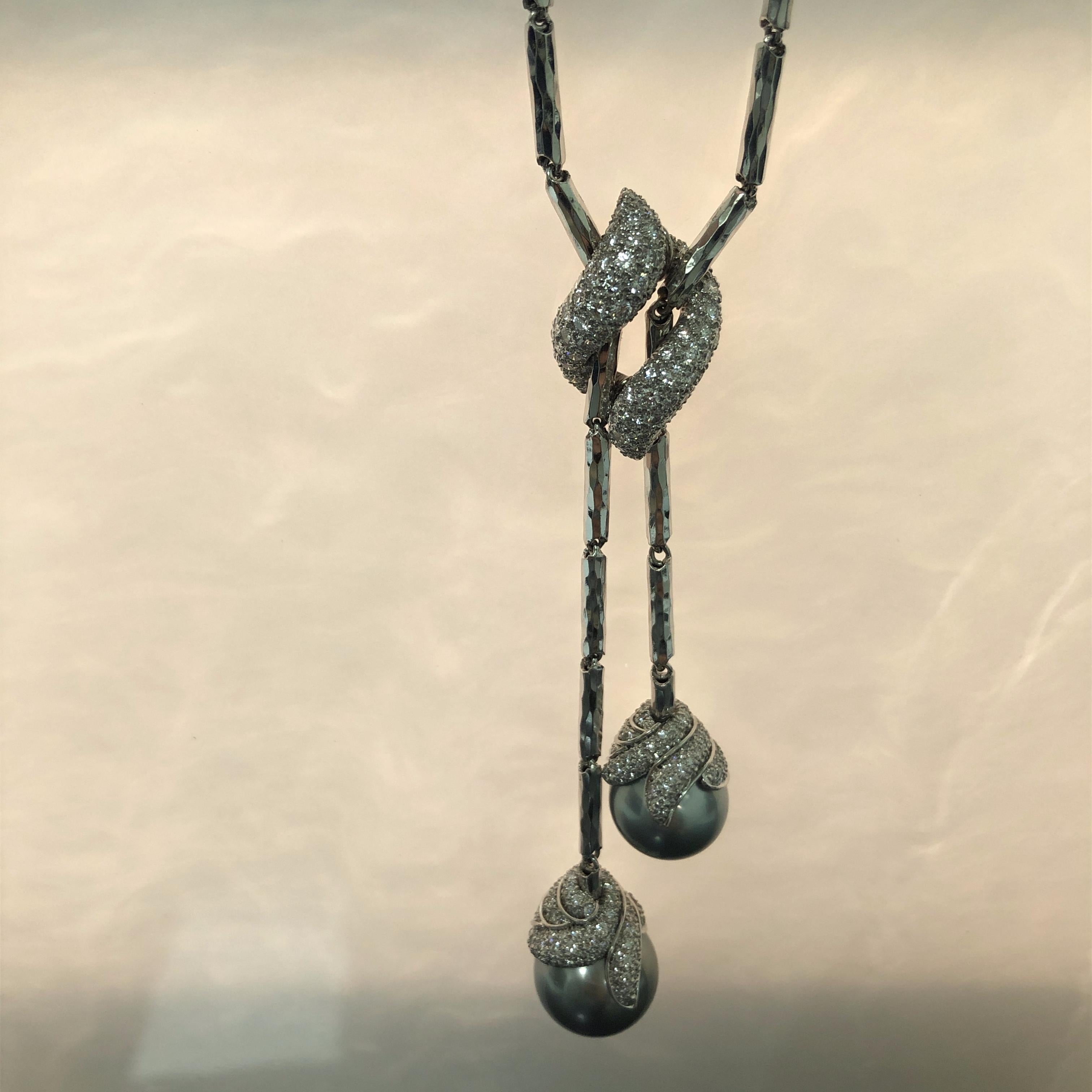 Modern Henry Dunay Textured Platinum, Tahitian Pearl, and Diamond Double Drop Necklace For Sale