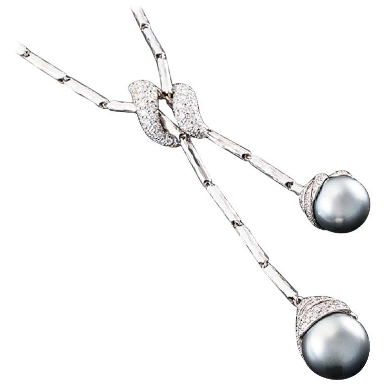 Henry Dunay Textured Platinum, Tahitian Pearl, and Diamond Double Drop Necklace For Sale