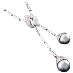 Henry Dunay Textured Platinum, Tahitian Pearl, and Diamond Double Drop Necklace