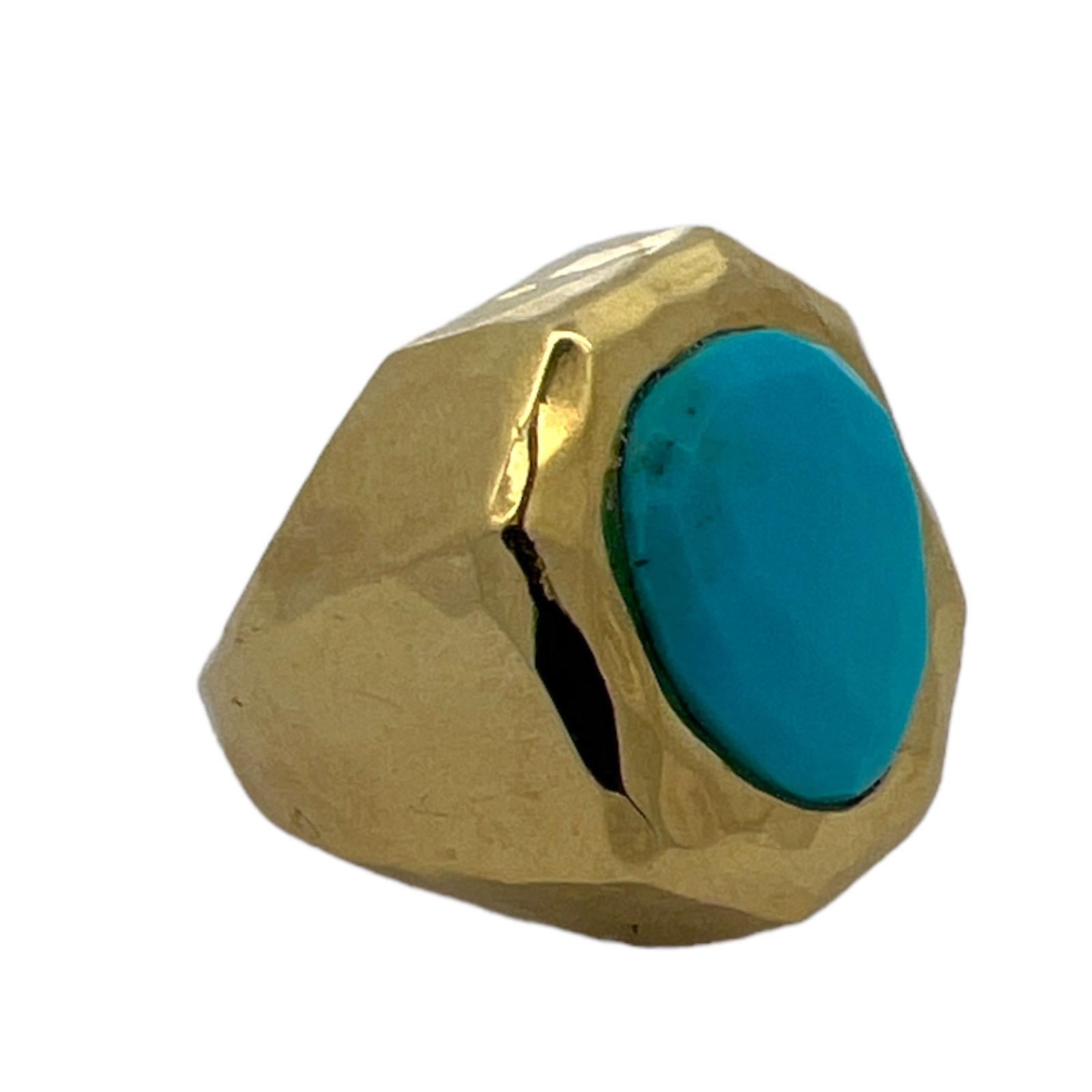 Cabochon Henry Dunay Turquoise 18 Karat Yellow Gold Hammered Finish Cocktail Ring