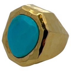 Henry Dunay Turquoise 18 Karat Yellow Gold Hammered Finish Cocktail Ring