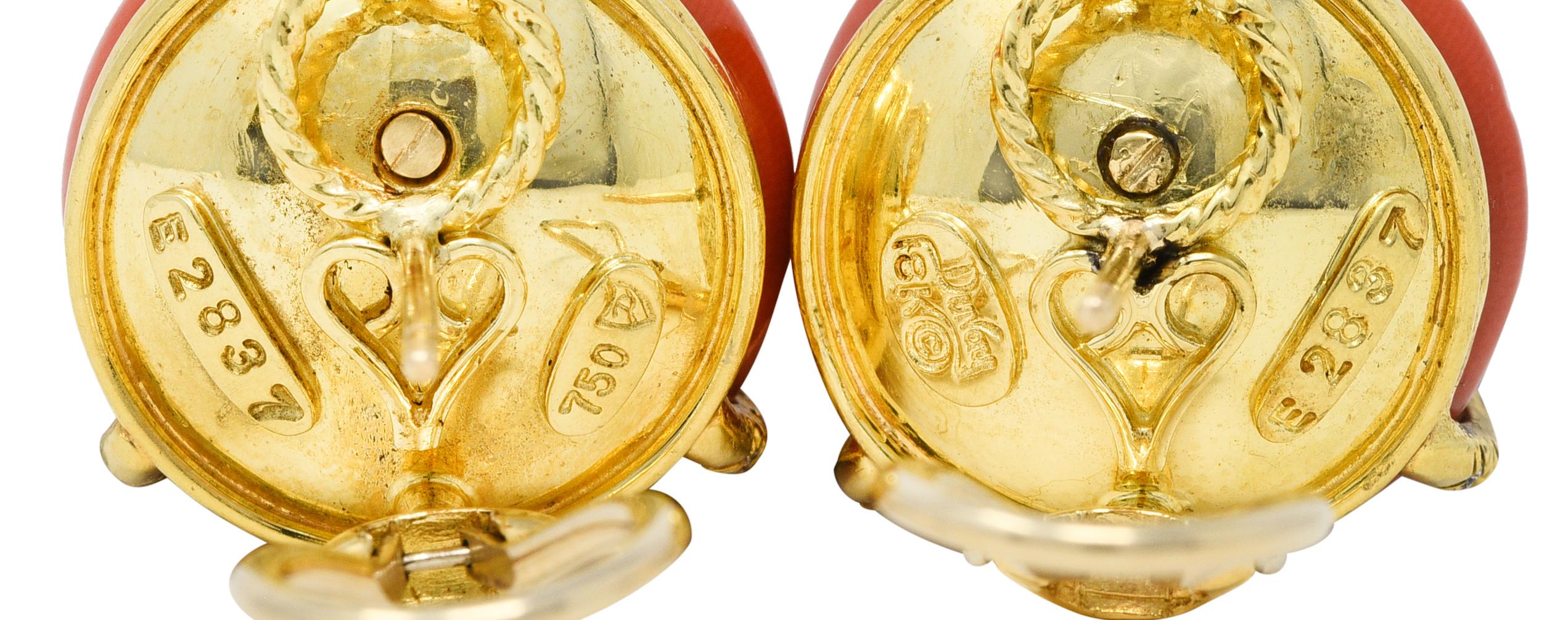 Cabochon Henry Dunay Vintage Coral Diamond 18 Karat Gold Earrings