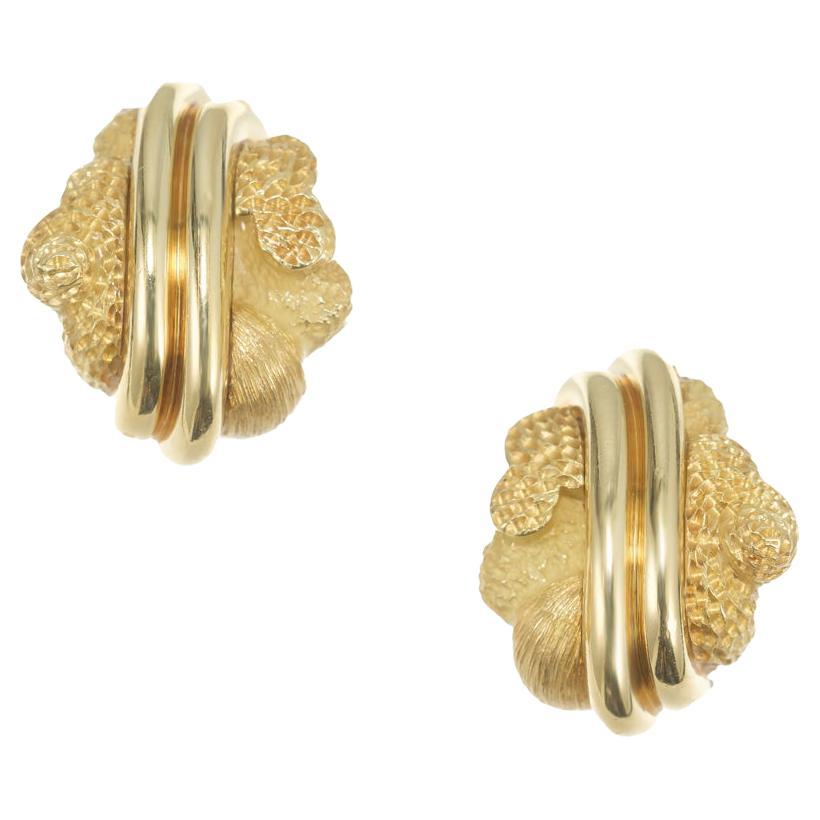 Henry Dunay Yellow Gold Clip Post Textured Earrings