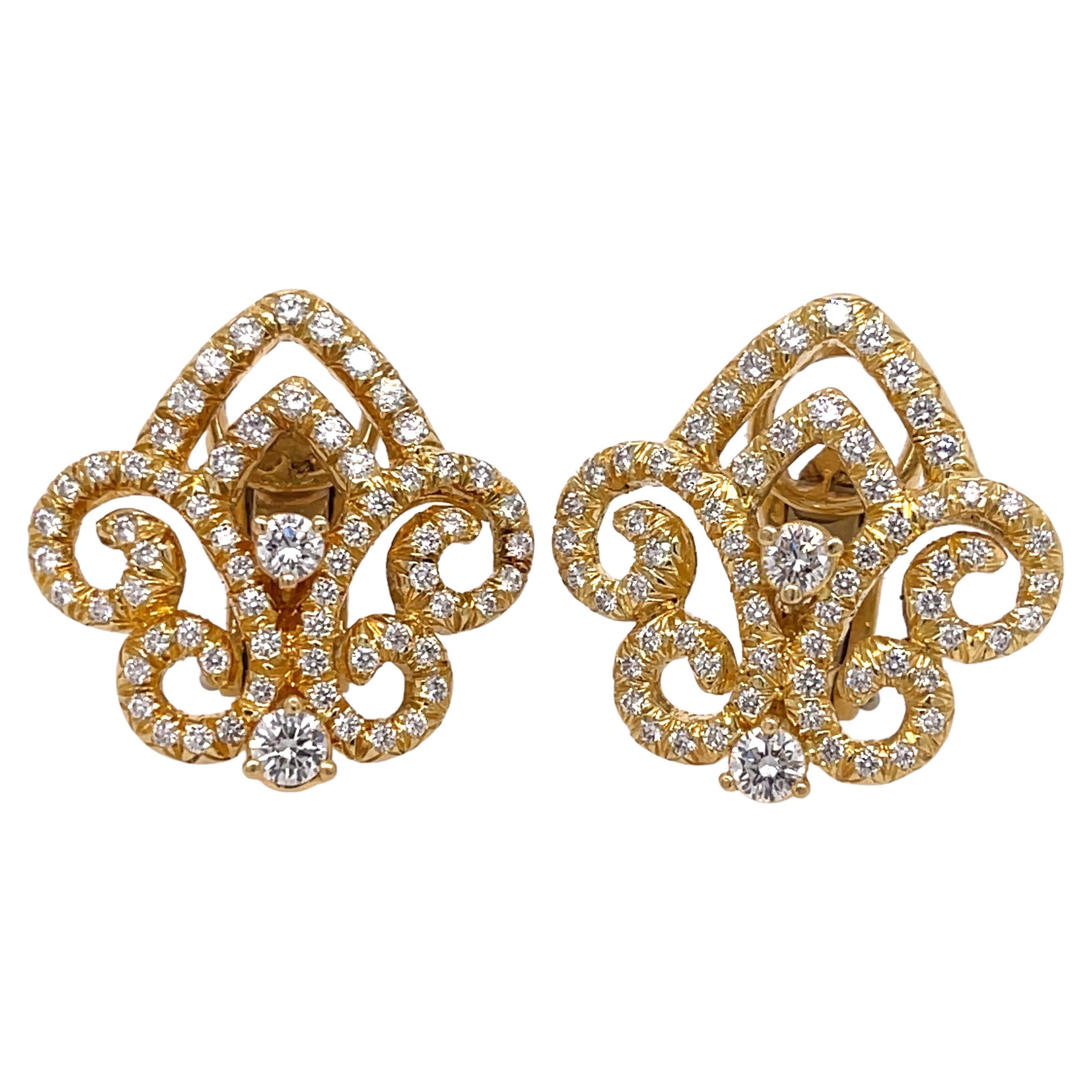 Henry Dunay Yellow Gold Ornate Diamond Earrings For Sale