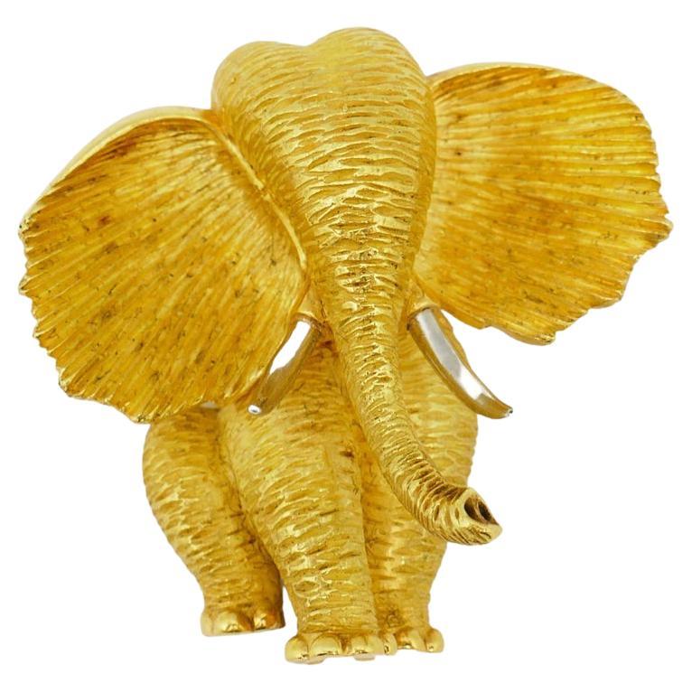 Henry Dunay Yellow Gold Platinum Elephant Brooch For Sale