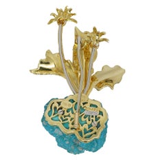 Henry Dunay Yellow Gold Rough Turquoise and Diamond Flower Pin
