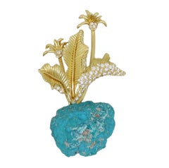 Henry Dunay Yellow Gold Rough Turquoise and Diamond Flower Pin