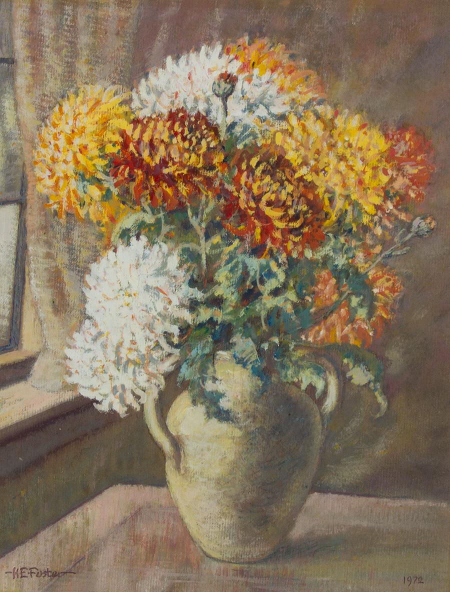 A fine mixed media painting using acrylic, gouache and chalk by the artist Henry E. Foster, depicting a still life of flowers in a vase by a window. Well-presented in a washline card mount and in a wooden frame with gilt and white detailings. Signed