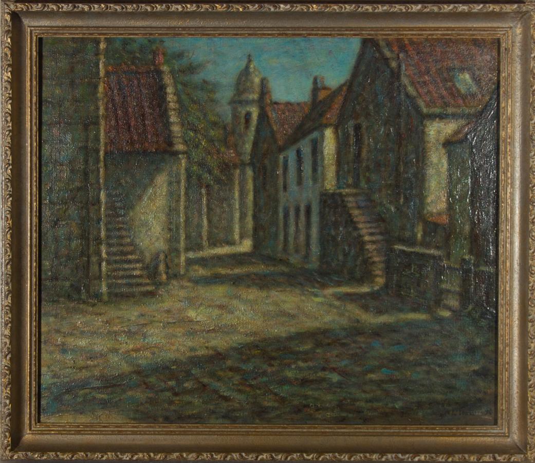 A lovely oil painting by the artist Henry E. Foster, depicting a village street scene in Old Culross. Well-presented in a gilt effect wooden frame with moulding applications, as shown. Signed and dated. On canvas on stretchers.