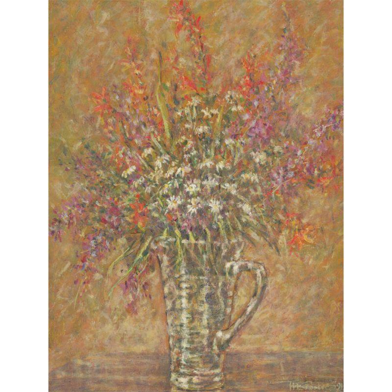 A fine oil painting by the artist Henry E. Foster, depicting a flower arrangement in a clear vase. Well-presented in a distressed wooden frame with a gilt effect detail. Signed and dated. On board.
