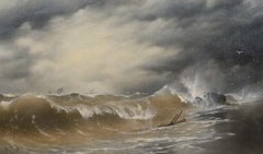 Seascape - Large Antique 19th Century British Sea Boats Shipwreck Oil Painting