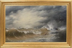 Seascape - Large Antique 19th Century British Sea Boats Shipwreck Oil Painting