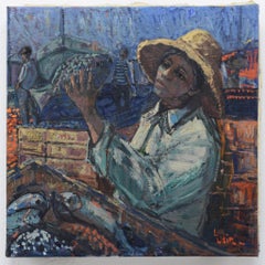 1960er Jahre Vintage Schwedisch Ölgemälde Fischmarkt Szene von Modernist Henry Eldin