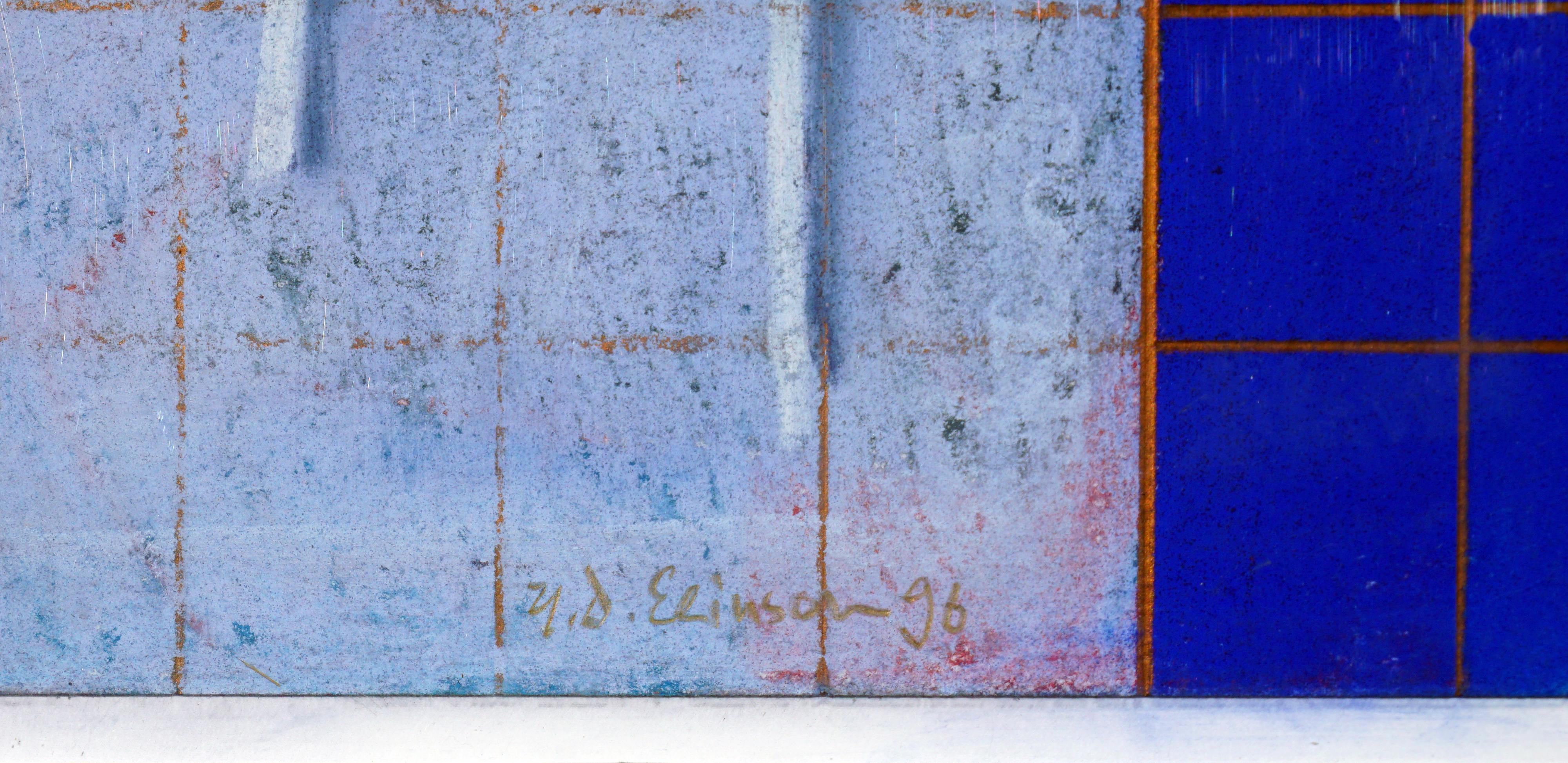 Atemberaubendes modernistisches avantgardistisches figuratives abstraktes Pastell in tiefem Königsblau mit roten und gelben Akzenten von Henry Elinson (Kalifornier/Russe 1935-2010), 1996. Signiert und datiert 