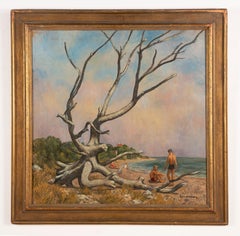 Antique American Modernist Male Beach Bather Large Signed Seascape Oil Painting