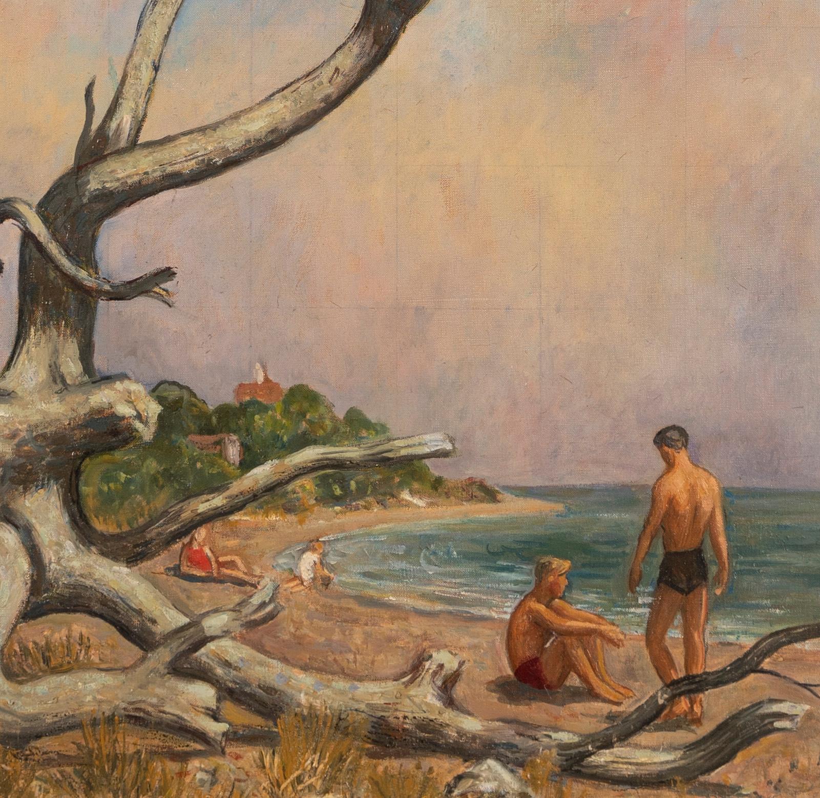 Antique American Modernist Male Beach Bather Large Signed Seascape Oil Painting  - Brown Portrait Painting by Henry Ernest Schnakenberg
