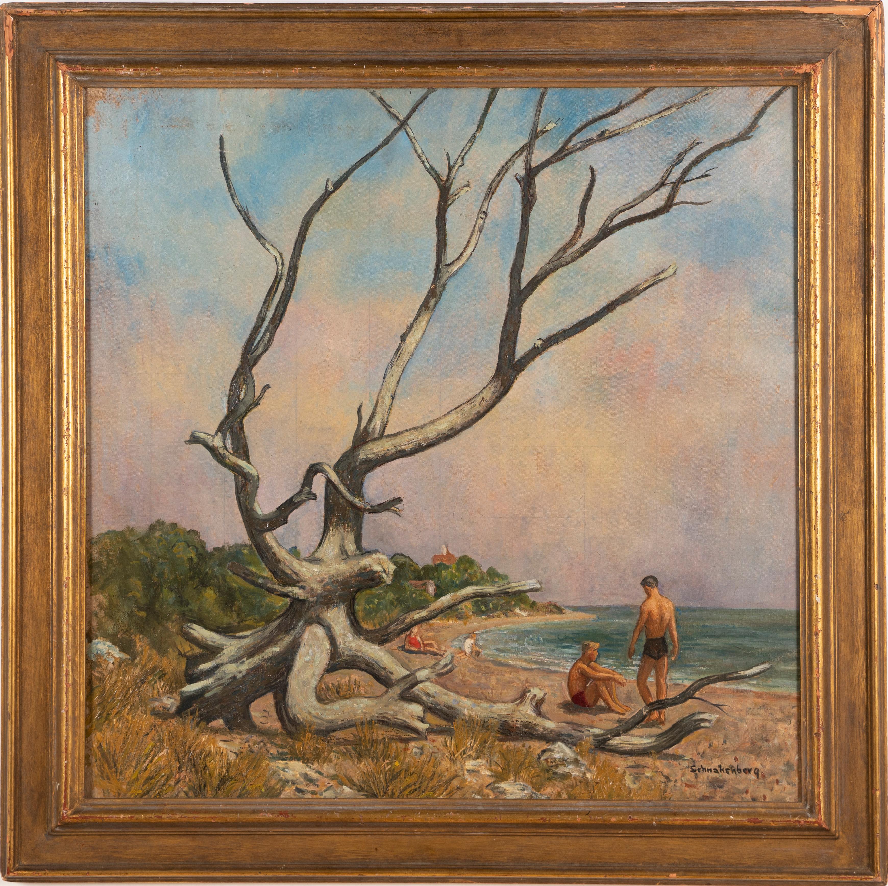 Antique American Modernist Male Beach Bather Large Signed Seascape Oil Painting 