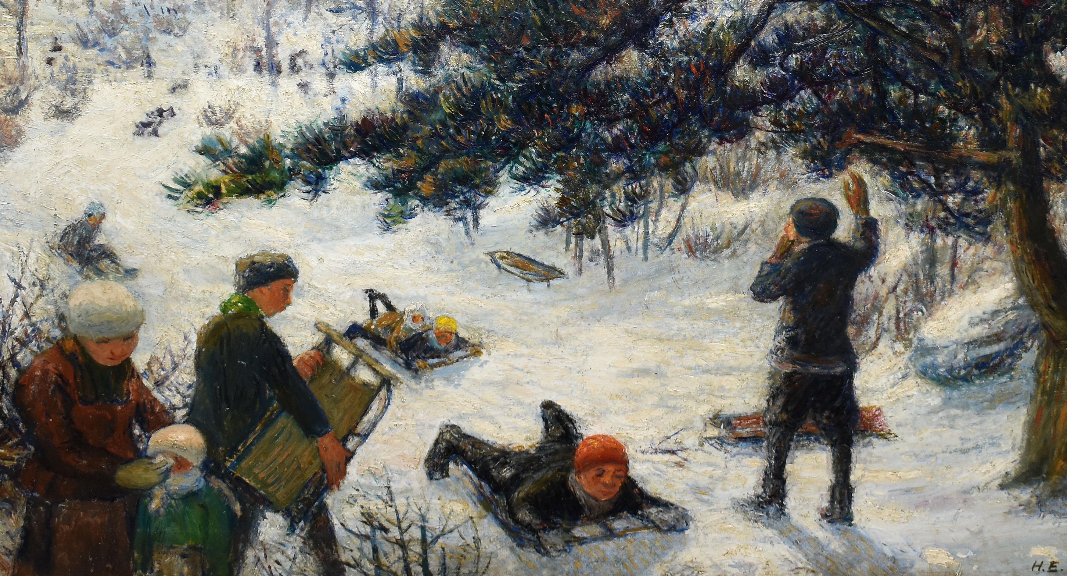 Antique Impressionist WPA Ash Can School Sledding Winter Sports Oil Painting - Black Figurative Painting by Henry Schnakenberg