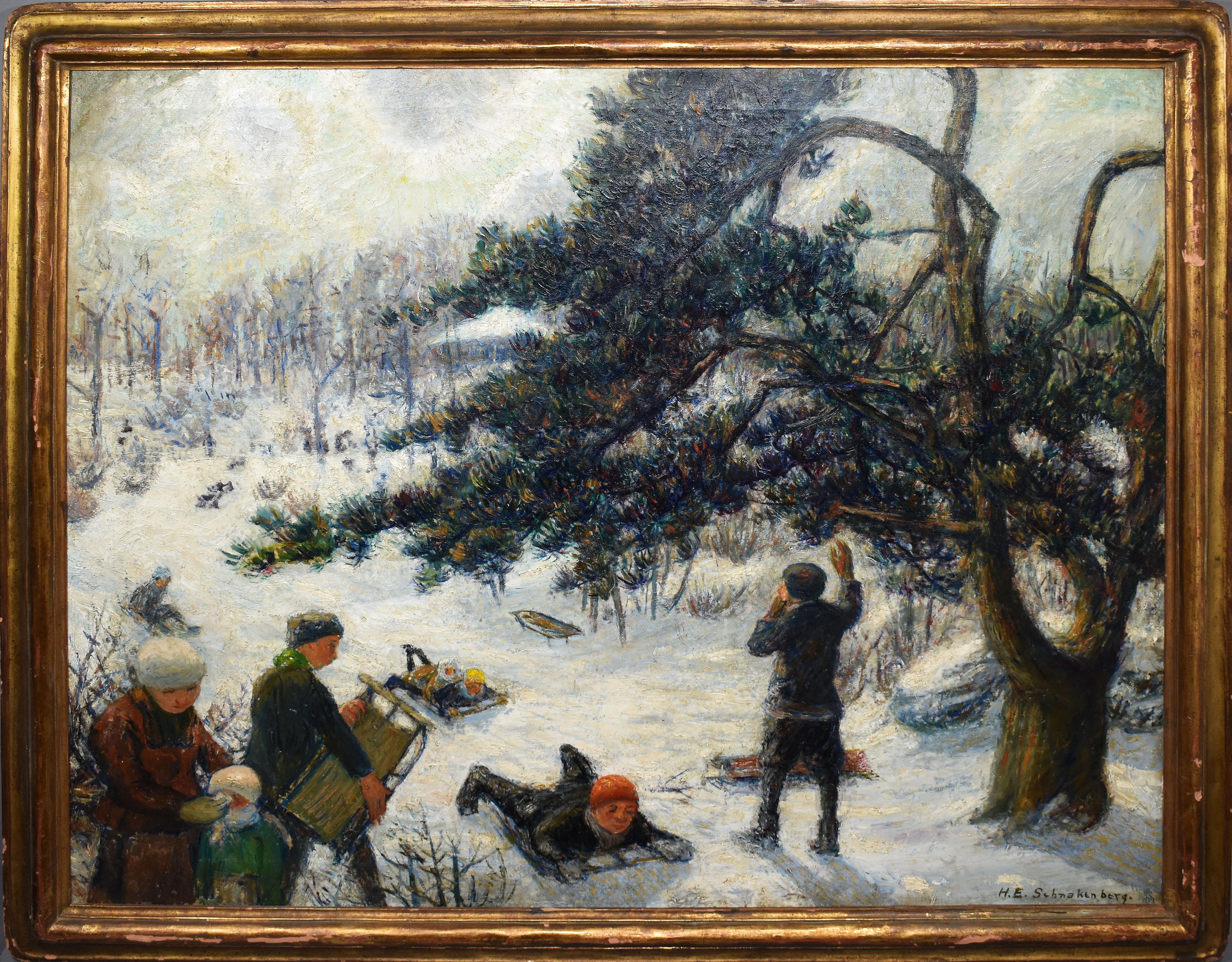 Henry Schnakenberg Figurative Painting - Antique Impressionist WPA Ash Can School Sledding Winter Sports Oil Painting