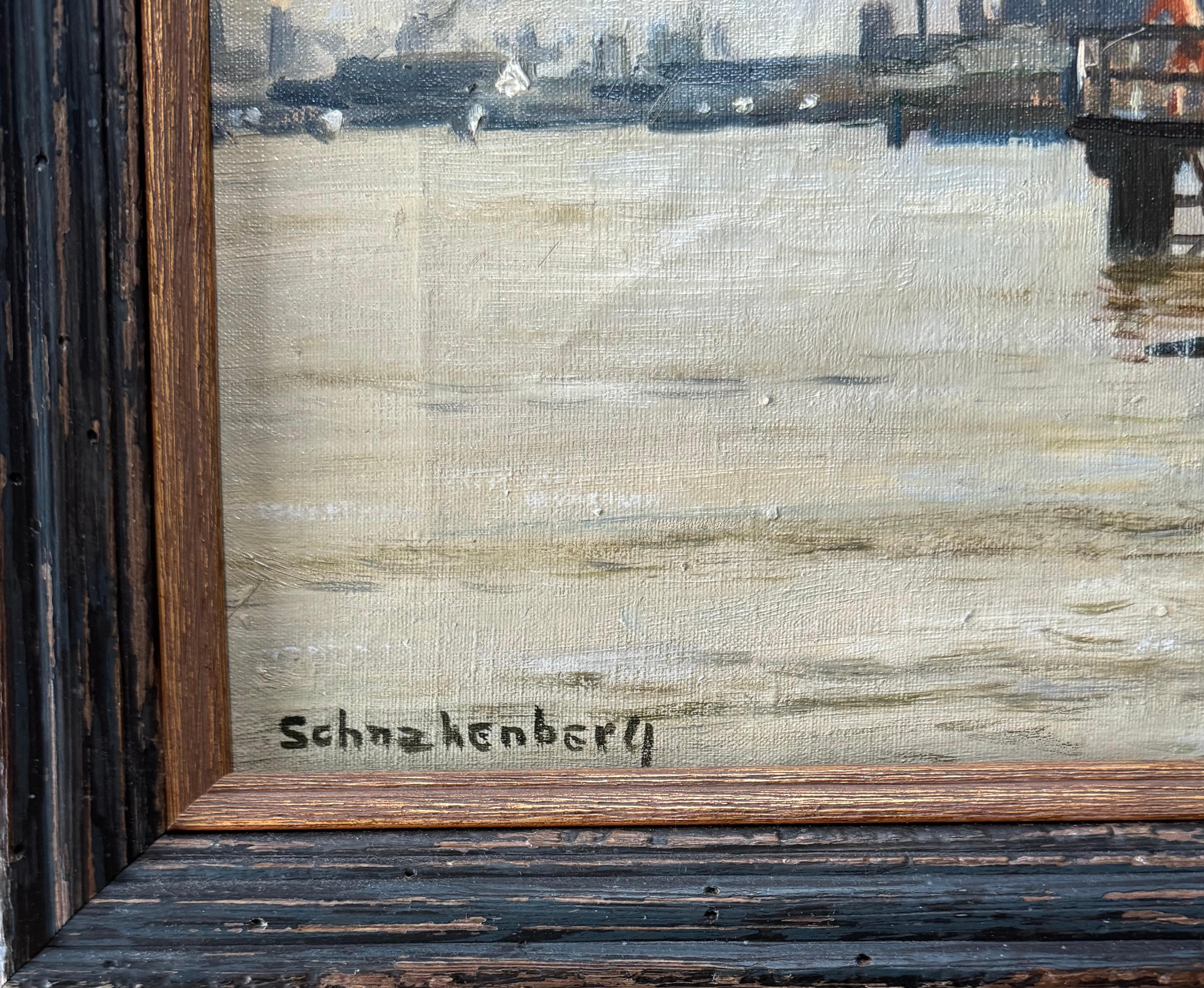 Boys Swimming Industrial Landscape WPA Mitte des 20. Jahrhunderts Sozialer Realismus Modernismus (Amerikanische Moderne), Painting, von Henry Schnakenberg
