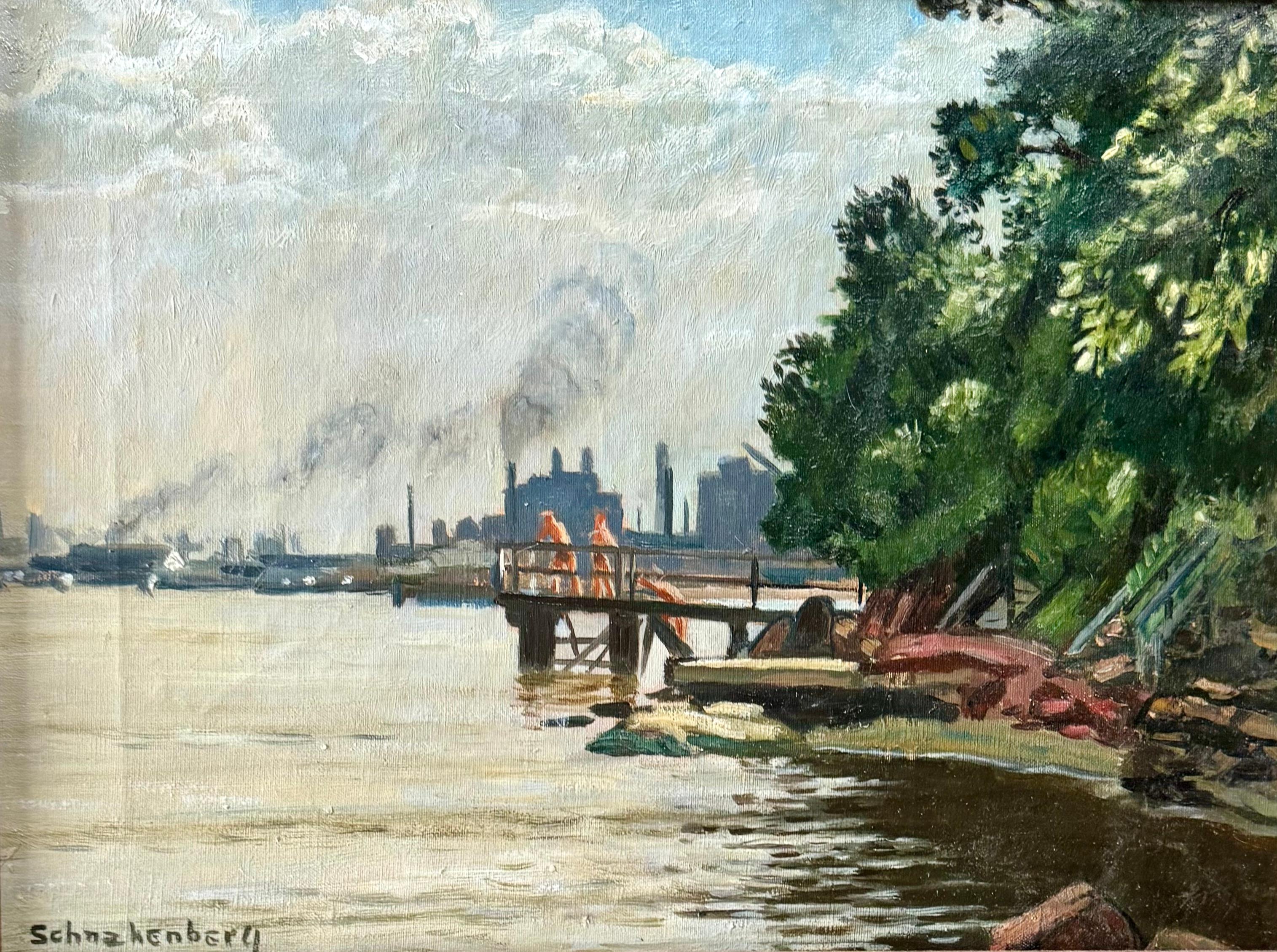 Henry Schnakenberg Landscape Painting – Boys Swimming Industrial Landscape WPA Mitte des 20. Jahrhunderts Sozialer Realismus Modernismus