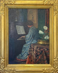 "Woman at Piano" Henry Eugene Fritz, Interior Scene, American, Floral Still Life