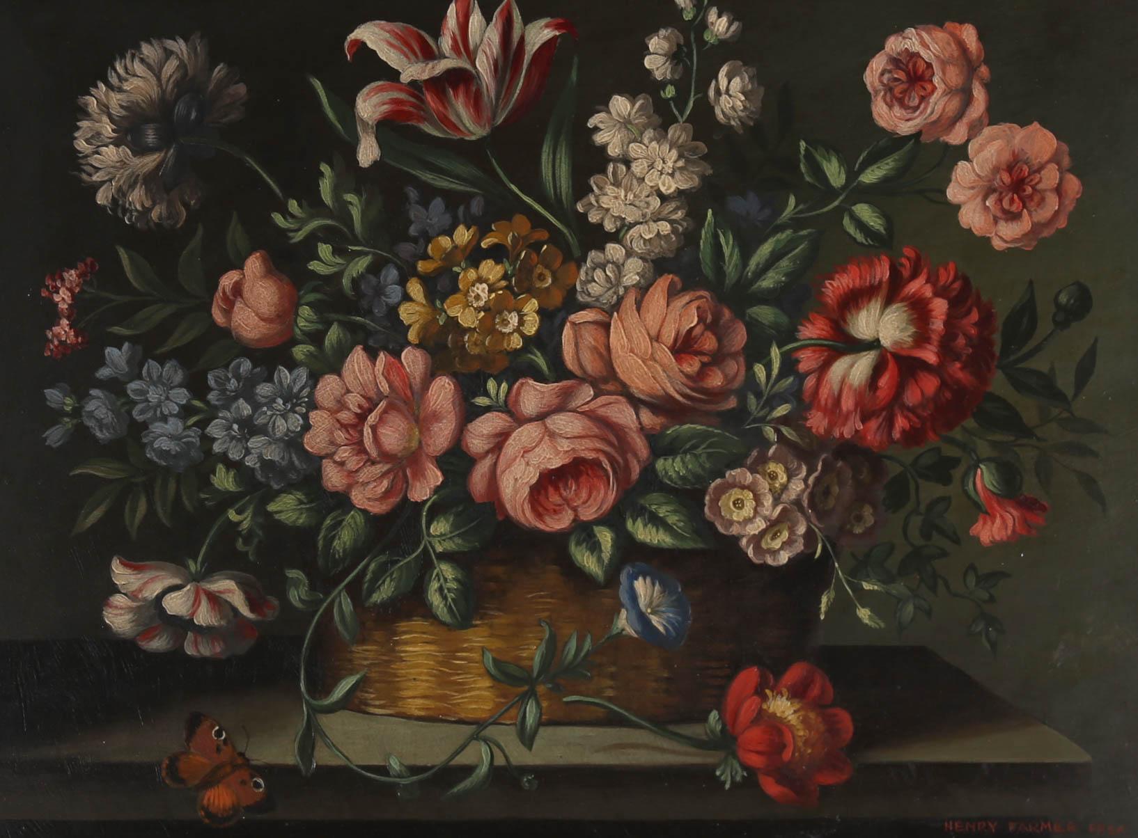 Henry Farmer FRSA - Olio della metà del XX secolo incorniciato, Natura morta di rose e tulipani 1