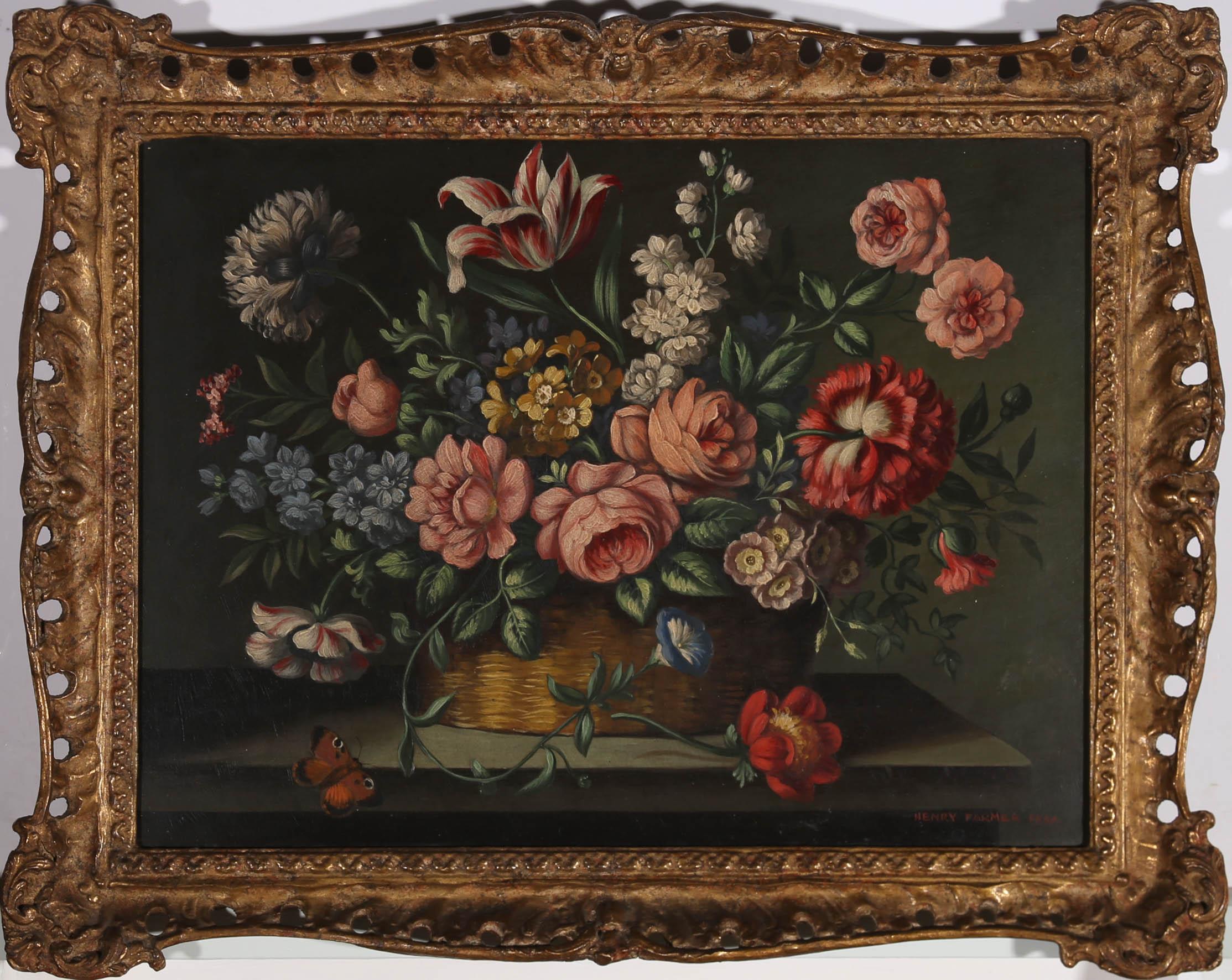 Henry Farmer FRSA - Olio della metà del XX secolo incorniciato, Natura morta di rose e tulipani 2