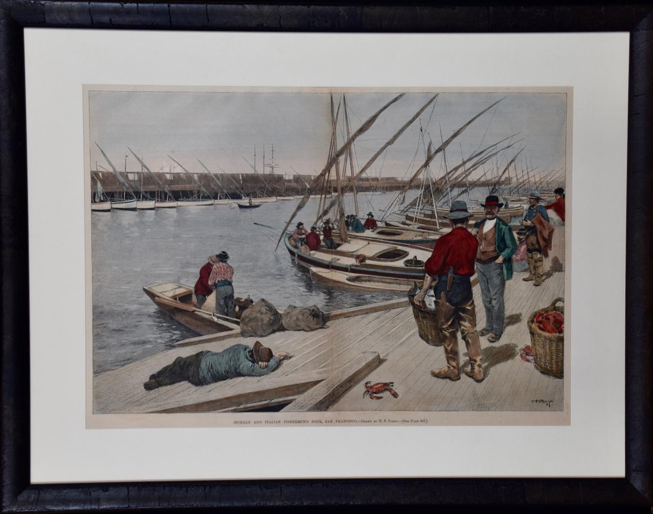 Landscape Print Henry François Farny - Les pêcheurs siciliens et italiens de San Francisco : une gravure sur bois colorée à la main du 19e siècle  