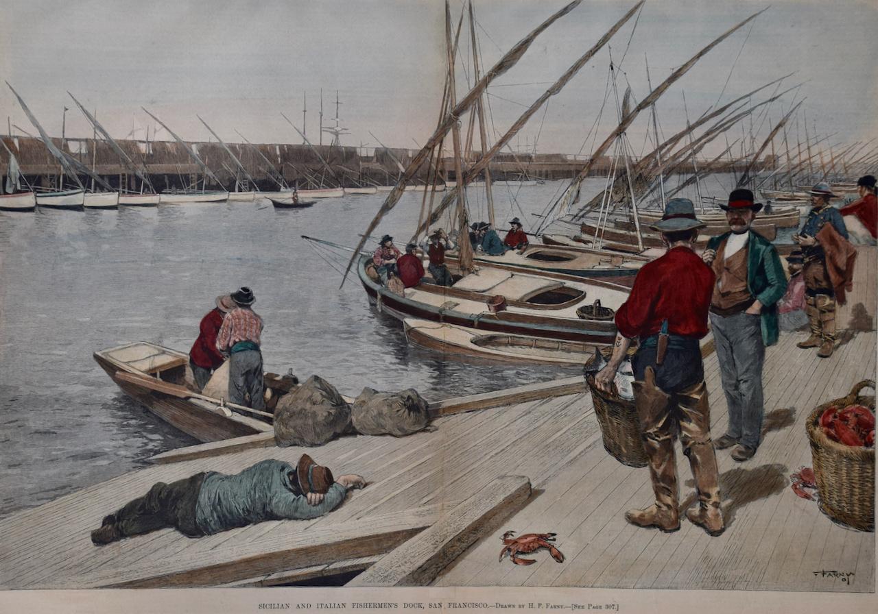 Les pêcheurs siciliens et italiens de San Francisco : une gravure sur bois colorée à la main du 19e siècle   - Print de Henry François Farny