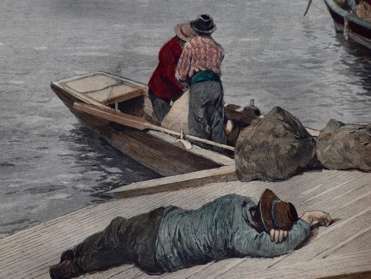 Les pêcheurs siciliens et italiens de San Francisco : une gravure sur bois colorée à la main du 19e siècle   - Gris Landscape Print par Henry François Farny