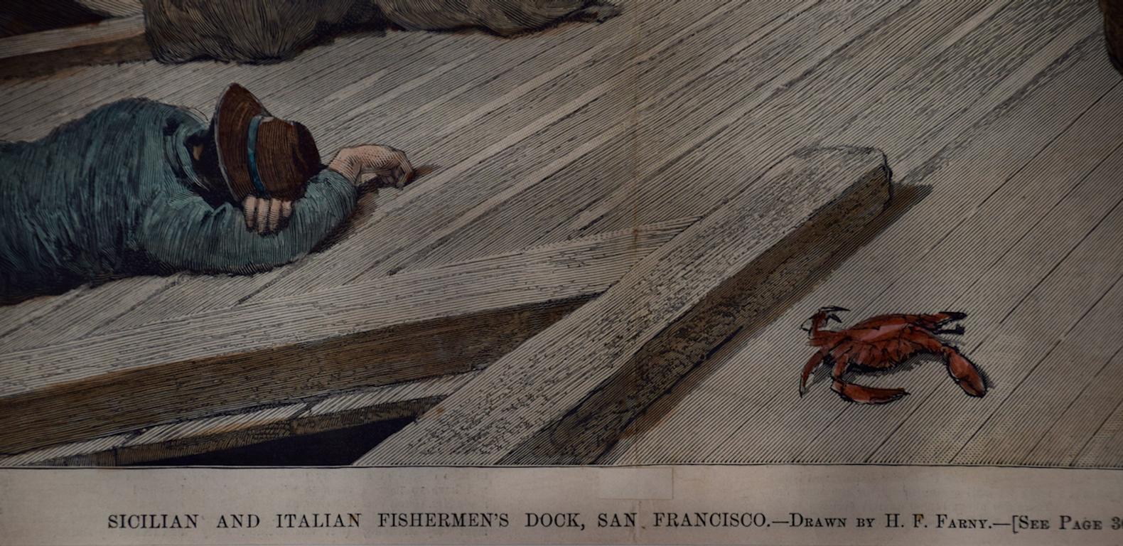 Les pêcheurs siciliens et italiens de San Francisco : une gravure sur bois colorée à la main du 19e siècle   en vente 1