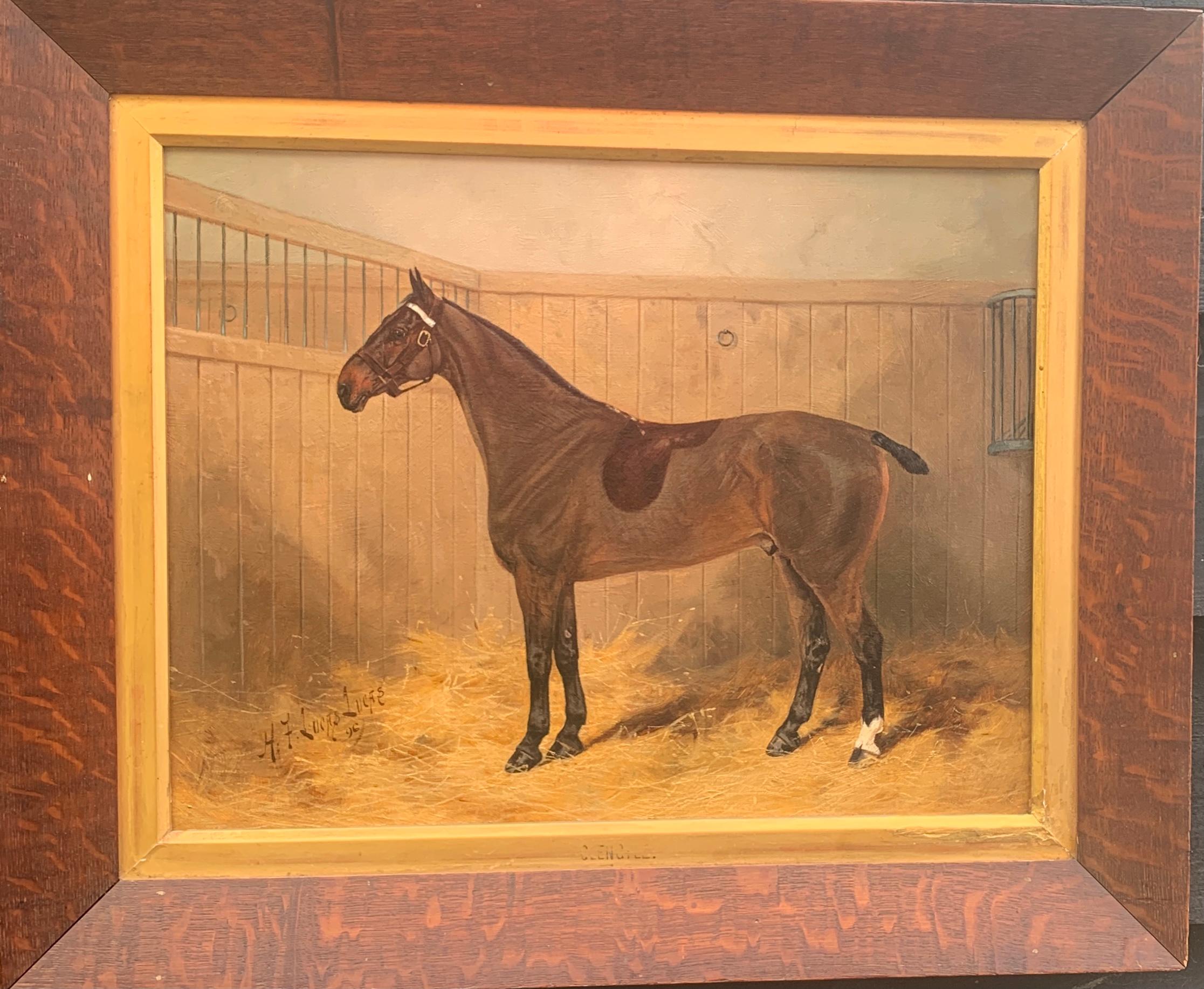 Henry Frederick Lucas Lucas  Animal Painting - 19th century Victorian Antique Polo Pony or horse in a stable called Glengyle