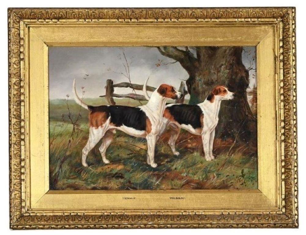 A portrait of two hound dogs standing in a landscape, signed and dated 1889