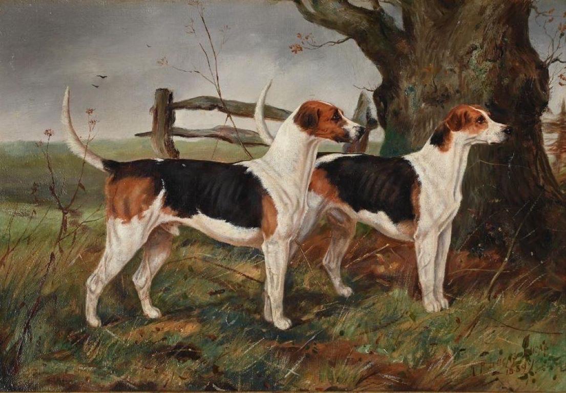 A portrait of two hound dogs standing in a landscape, signed and dated 1889 - Painting by Henry Frederick Lucas Lucas 