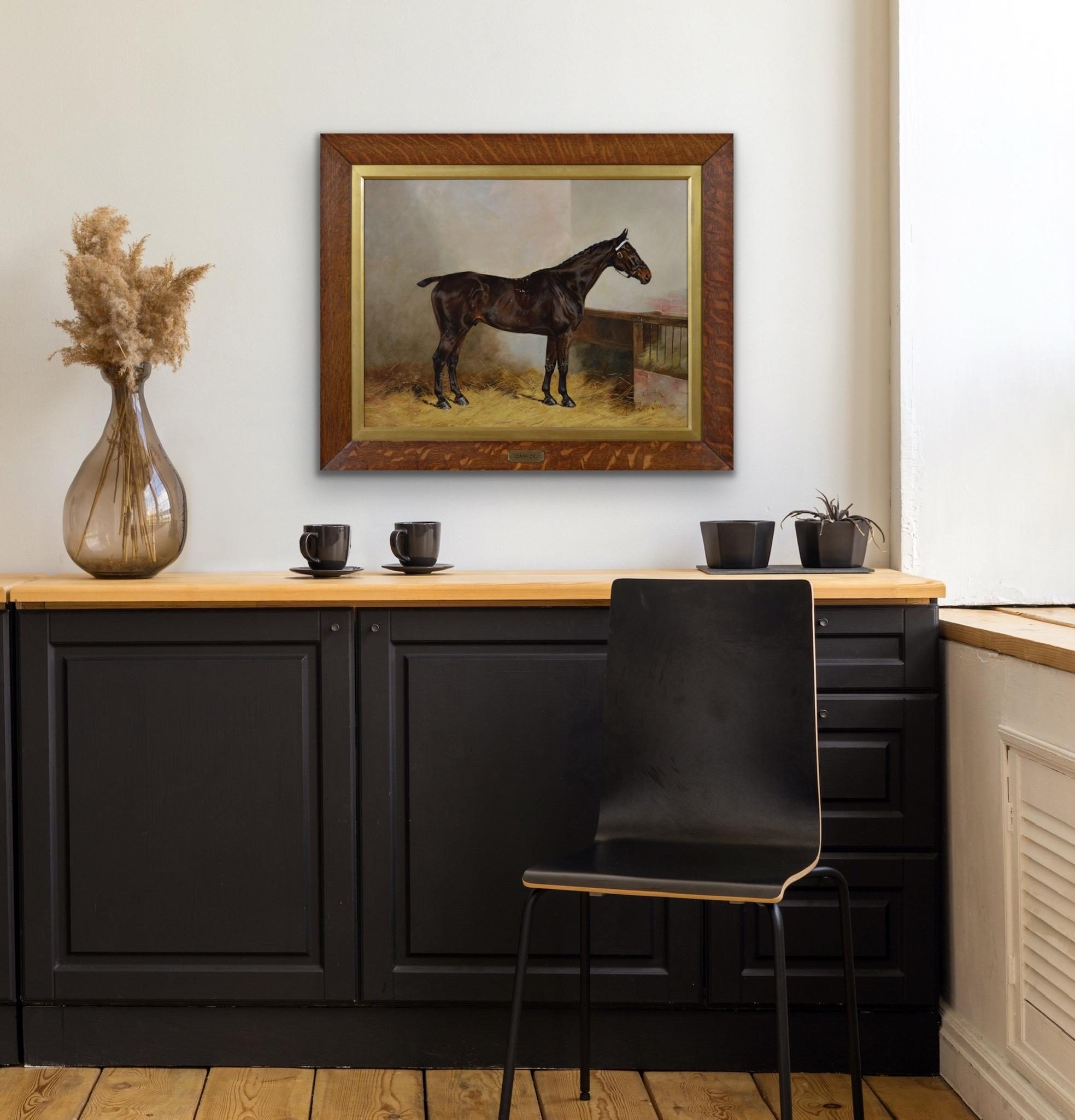 Peinture à l'huile d'un portrait de cheval à l'huile d'un étalon brun foncé  2
