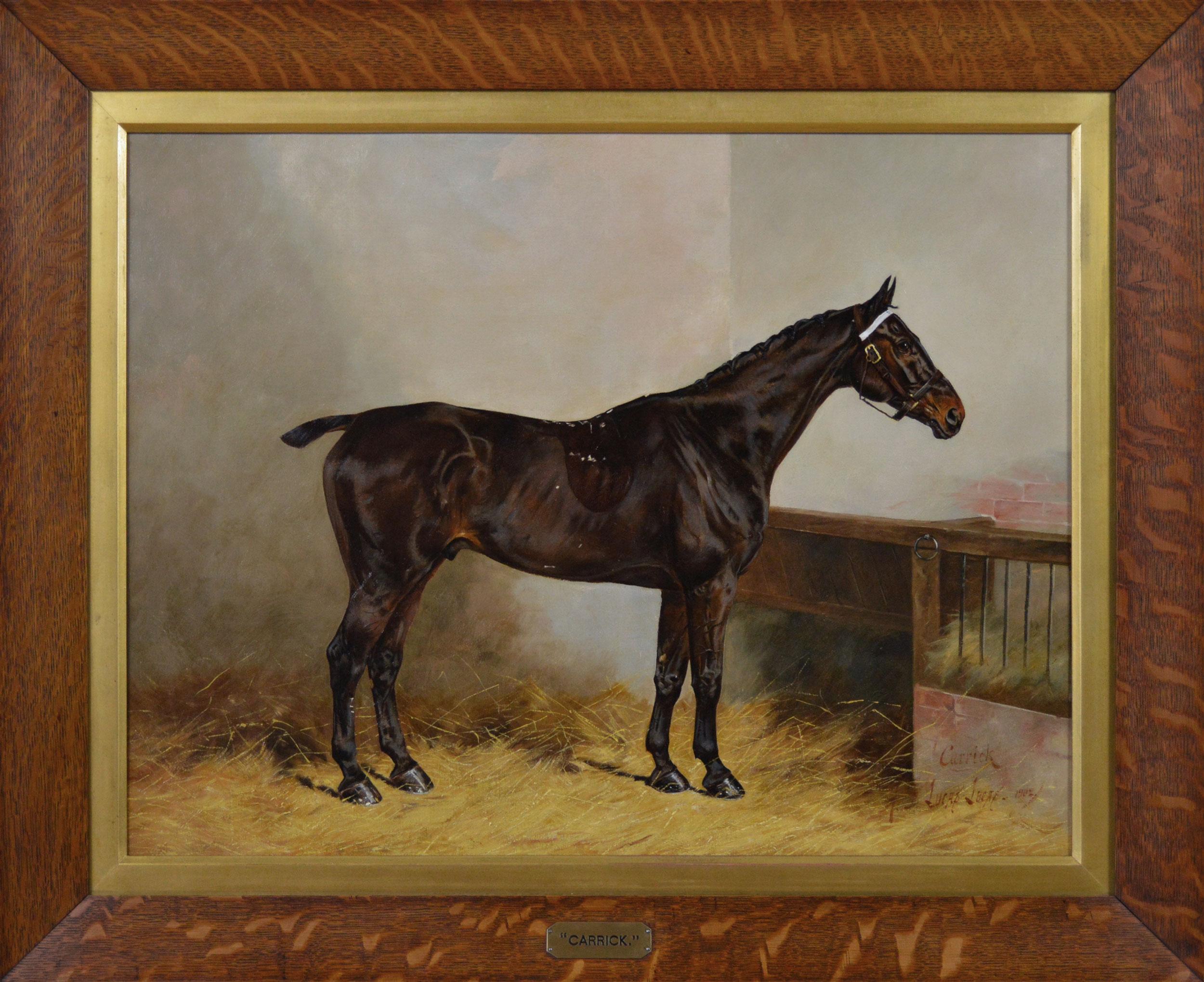 Henry Frederick Lucas Lucas  Animal Painting - Horse portrait oil painting of a dark brown stallion 