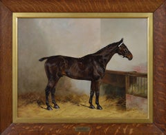 Antique Horse portrait oil painting of a dark brown stallion 