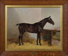 Horse portrait oil painting of a dark brown stallion